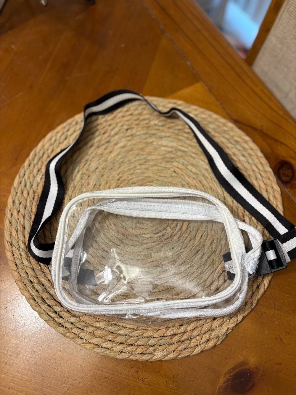 Clear Fanny Pack or Crossbody Bag Black & White Striped Adjustable Strap